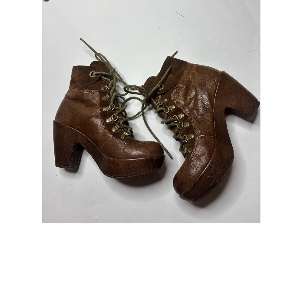 Kork-Ease Brown Leather Lace Up Chunky Platform Block Heel Boots Womens 7.5 M/W